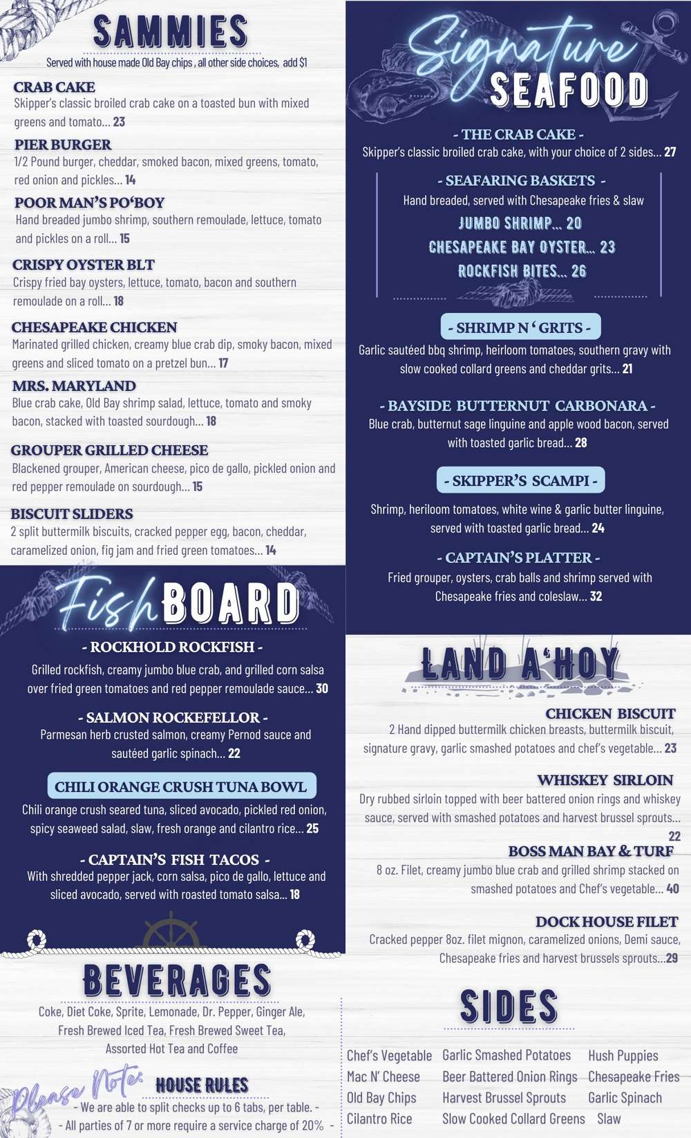 Dinner Menu Skipper's Pier Waterfront Restaurant, Deale, Maryland